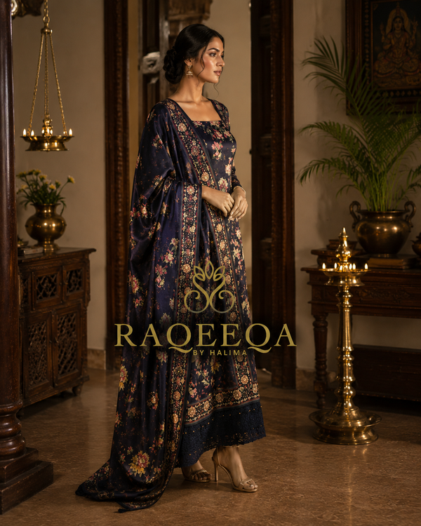 Semi Tusser Silk with Floral Print & Flare Thread Embroidery