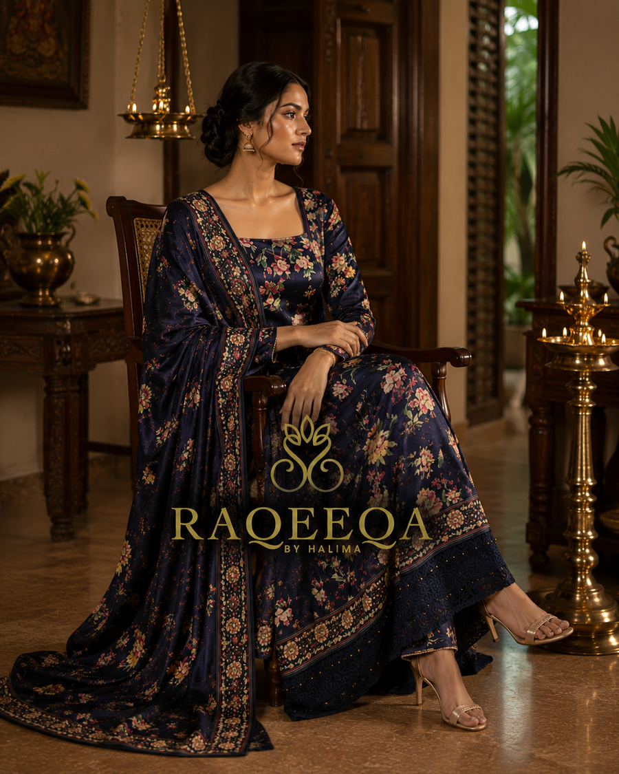 Semi Tusser Silk with Floral Print & Flare Thread Embroidery