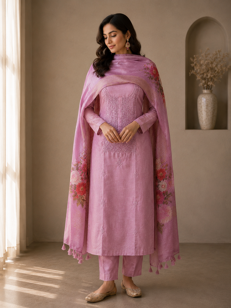 Pure Tusser Silk Top, Pant & Dupatta with Embroidery Work