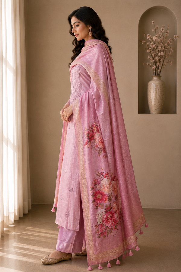 Pure Tusser Silk Top, Pant & Dupatta with Embroidery Work