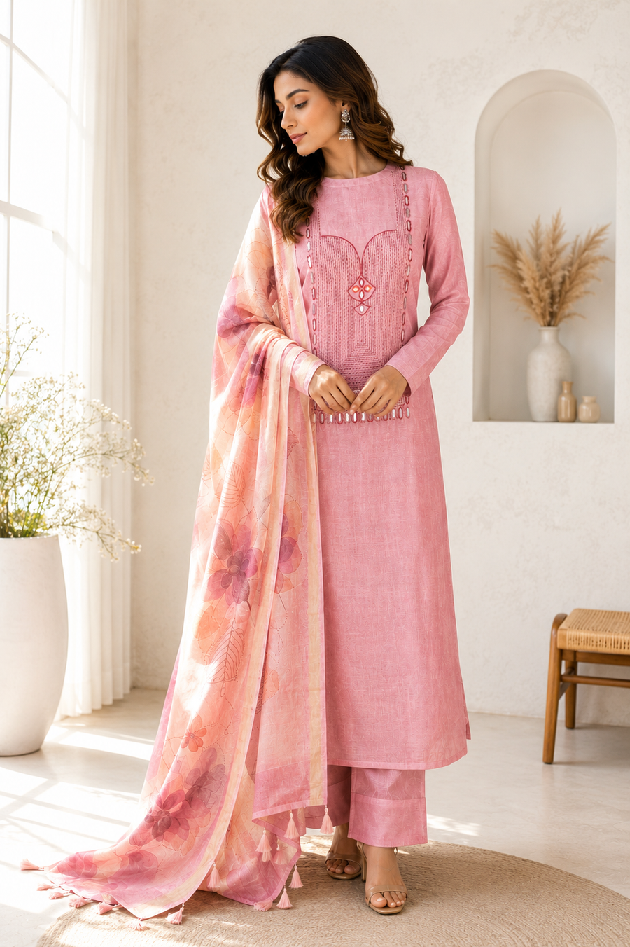 Pure Linen Cotton with Mirror Work & Hand Embroidery Floral Dupatta