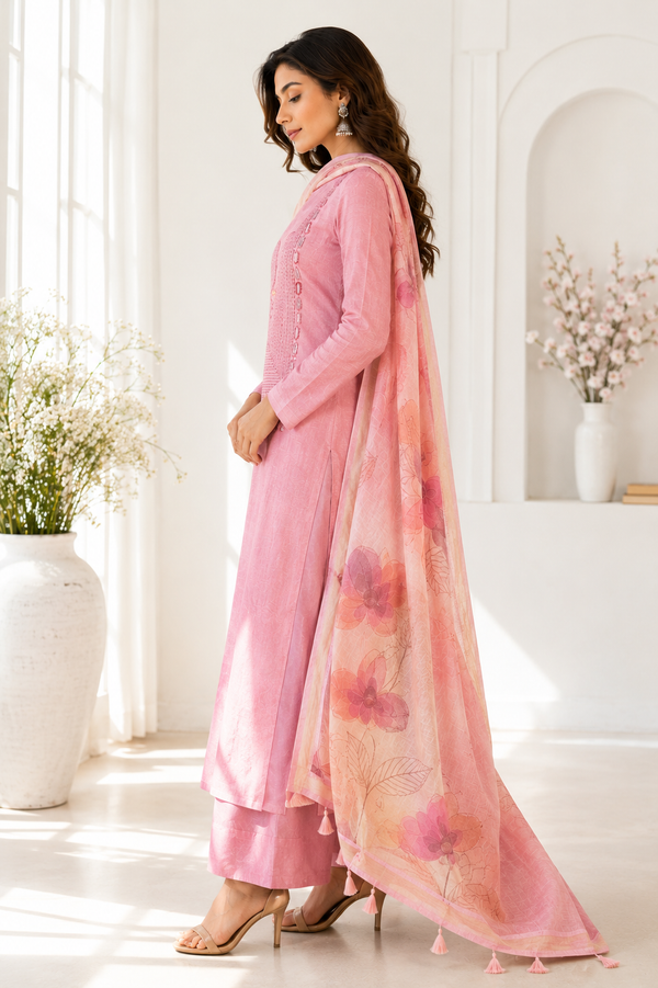 Pure Linen Cotton with Mirror Work & Hand Embroidery Floral Dupatta
