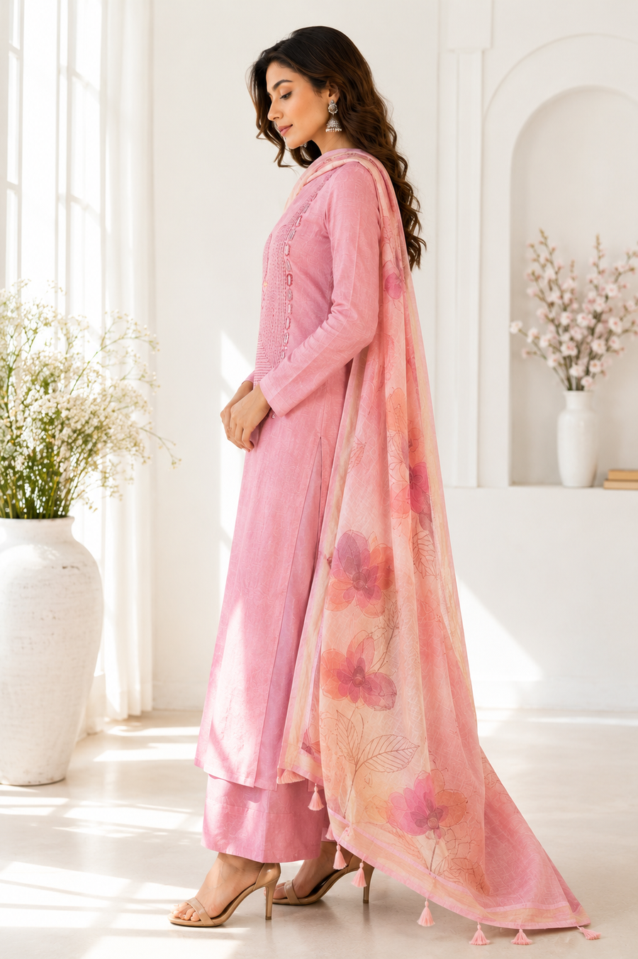 Pure Linen Cotton with Mirror Work & Hand Embroidery Floral Dupatta