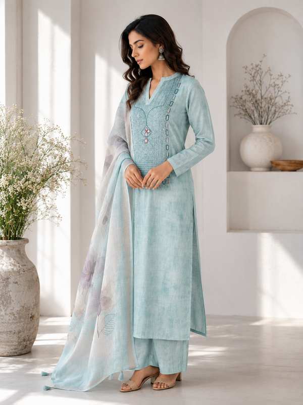 Pure Linen Cotton with Mirror Work & Hand Embroidery Floral Dupatta