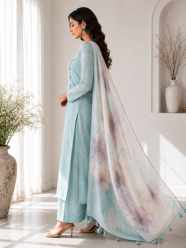Pure Linen Cotton with Mirror Work & Hand Embroidery Floral Dupatta