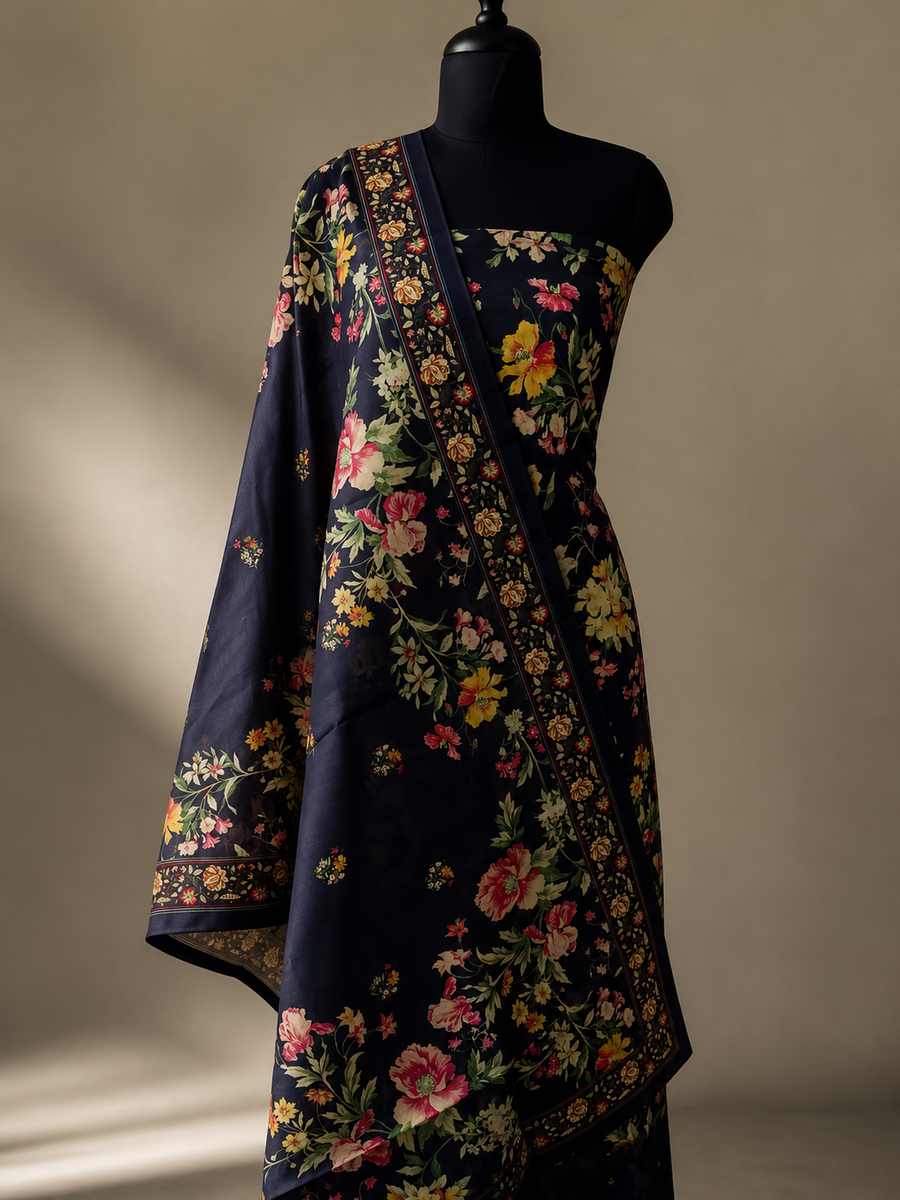 Semi Tusser Silk with Floral Print & Flare Thread Embroidery