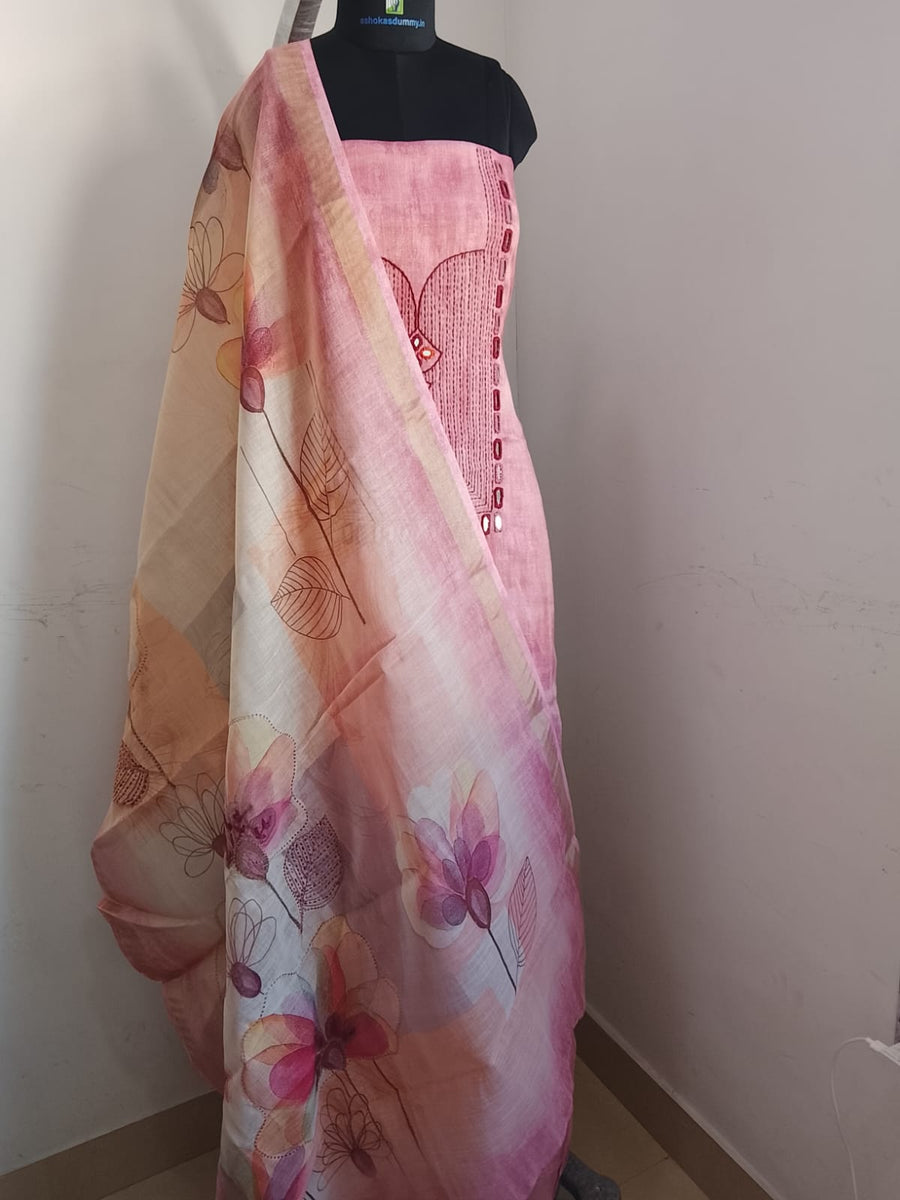 Pure Linen Cotton with Mirror Work & Hand Embroidery Floral Dupatta