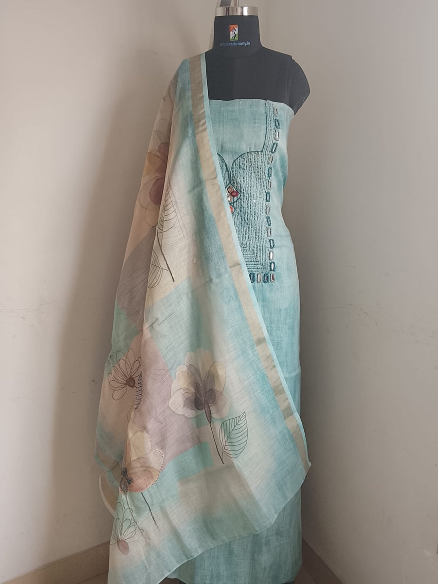 Pure Linen Cotton with Mirror Work & Hand Embroidery Floral Dupatta