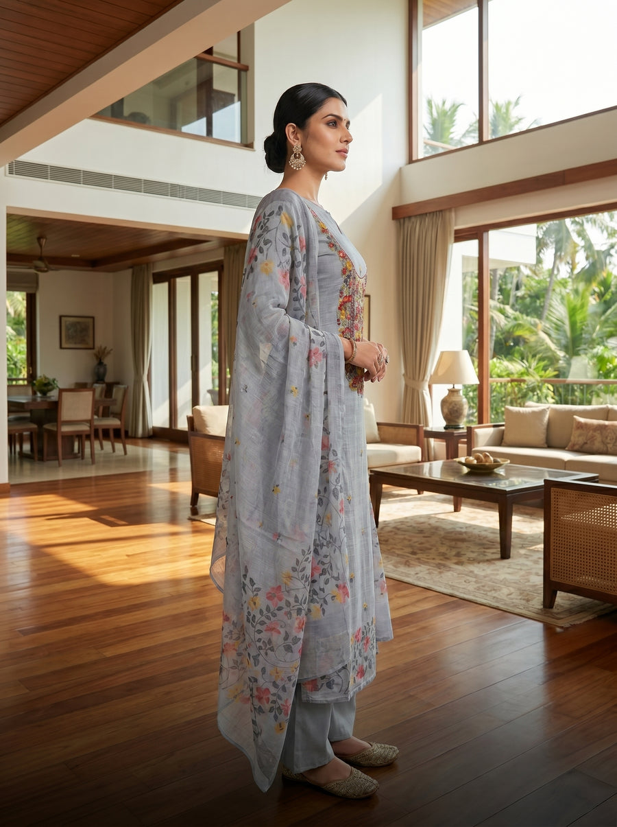Linen Silk with Embroidery